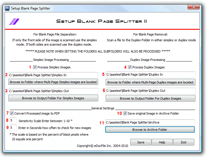 Enter Settings for Blank Page Splitter