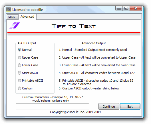 Advanced ASCII Options Menu for Tif to Text Batch OCR Processing